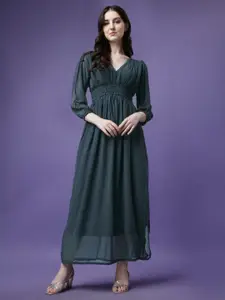 Raiyani Fashion Solid V-Neck Smocked Detail Empire Maxi Dress
