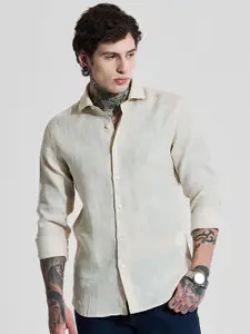 Snitch Men Classic Slim Fit Spread Collar Textured Linen Casual Shirt