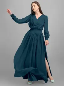 Raiyani Fashion Women V Neck Puff Sleeves Smocked Pleated Fit & Flare Maxi Dress