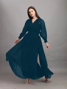 Raiyani Fashion Women V Neck Puff Sleeves Smocked Slits Fit and Flare Maxi Dress