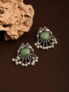 Anvik Silver-Plated Artificial Stones Studded And Beaded Peacock Shaped Studs