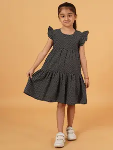 Creative Kids Girls Polka Dots Print Round Neck Flutter Sleeve Tiered A-Line Dress