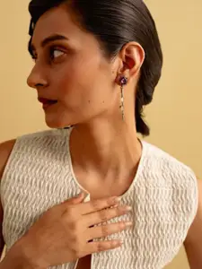 ESME Rhodium-Plated Swarovski Crystal Studded Contemporary Shaped Drop Earrings