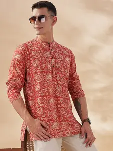 Taavi Ethnic Motifs Printed Band Collar Pure Cotton Straight Kurta