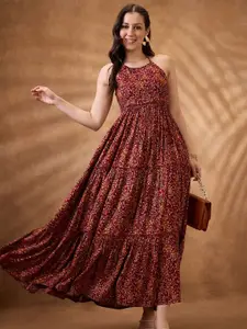 Globus Paisley Print Halter Neck Fit and Flare Tiered Maxi Fusion Dress