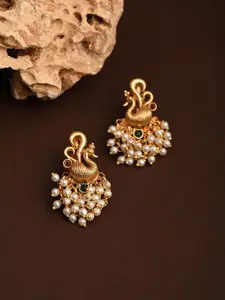 Anvik Gold-Plated Artificial Stones Studded And Beaded Peacock Shaped Studs