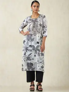 Soch Floral Printed Round Neck Thread Work Straight Kurta