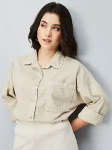 max Women Relaxed Fit Spread Collar Solid Cotton Casual Shirt