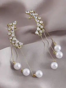 KRENOZ Korean Gold-Plated Stones Studded & Pearls Beaded Contemporary Tasselled Ear Cuff