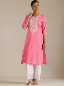 Soch Floral Printed Round Neck Thread Work Pure Cotton Straight Kurta