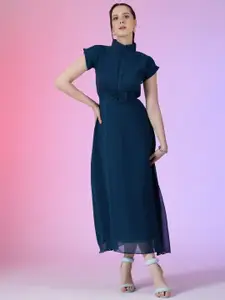 Raiyani Fashion Solid Mandarin Collar Bow Detailed A-Line Midi Dress