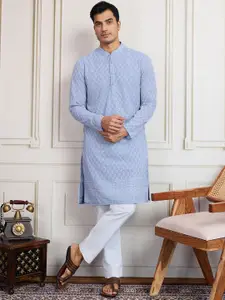 House of Pataudi Ethnic Motifs Embroidered Band Collar Georgette Straight Kurta