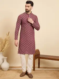 House of Pataudi Geometric Embroidered Thread Work Mandarin Collar Straight Kurta
