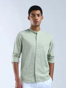 Flying Machine Men Slim Fit Mandarin Collar Textured Cotton Casual Shirt