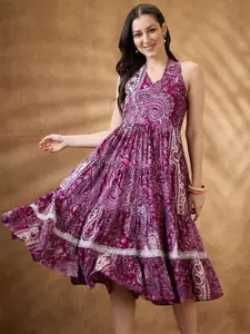 Globus Paisley Printed Halter Neck Fit and Flare Midi Dress