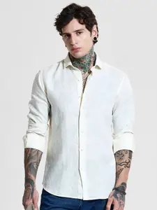 Snitch Men Classic Slim Fit Spread Collar Solid Linen Casual Shirt