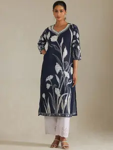 Soch Floral Printed Thread Work V-Neck Muslin Straight Kurta