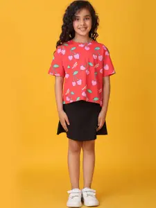 Anthrilo Girls Printed Round Neck T-Shirt With Skirt