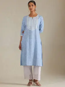 Soch Floral Printed Notch Neck Thread Work Straight Kurta