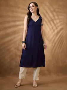 Globus Woven Design Tie-Up Neck A-Line Fusion Kurta