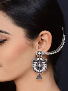 DIVASTRI Rhodium-Plated Artificial Stones Studded Floral Shaped Drop Earrings