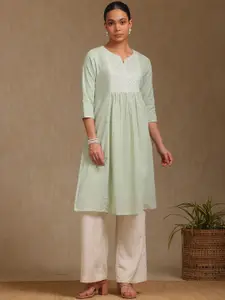 Soch Floral Yoke Design Pleated Notch Neck Sequins Embroidered Cotton A-Line Kurta