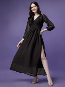 Raiyani Fashion Georgette Puff Sleeves Slit Smocked Empire Maxi Dress