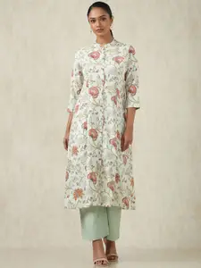 Soch Floral Printed Mandarin Collar Linen A-Line Kurta