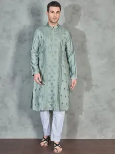 House of Pataudi Geometric Embroidered Sequinned Mandarin Collar Straight Kurta