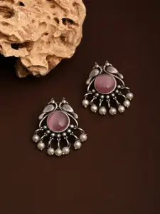 Anvik Silver-Plated Artificial Stones Studded And Beaded Peacock Shaped Studs