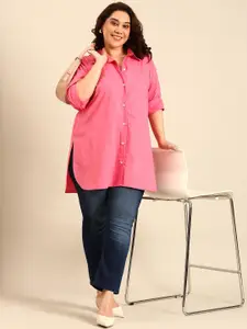 The Pink Moon Women Spread Collar Solid Cotton Casual Shirt