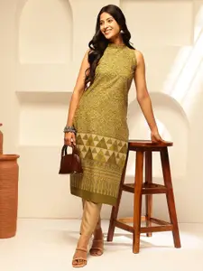 Vbuyz Ethnic Motifs Printed Sleeveless Cotton Straight Kurta