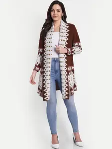 HAUTEMODA Women Geometric Woollen Longline Front-Open Sweaters