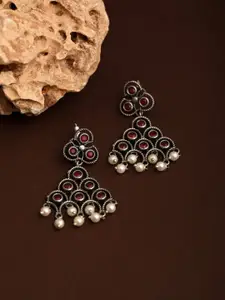 Anvik Silver-Plated Artificial Stones Studded & Beaded Contemporary Temple Drop Earrings