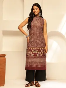 Vbuyz Ethnic Motifs Printed Sleeveless Cotton Straight Kurta