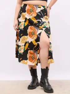 Berrylush Curve Berrylush Floral Printed High Rise Side Slit A-Line Midi Skirt