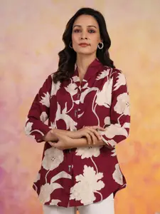 JISORA Women Red Printed Russian Silk Top