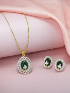 PRIVIU Gold-Plated American Diamond Studded Oval Pendant Jewellery Set