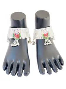 JollyStar Set Of 2 Silver-Plated Artificial Stones Studded and Beaded Anklet