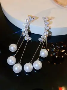 KRENOZ Gold-Plated American Diamond Studded & Pearls Beaded Tasselled Korean Drop Earrings