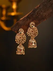Anvik Gold-Plated Artificial Stones Studded & Beaded Dome Shaped Temple Jhumkas