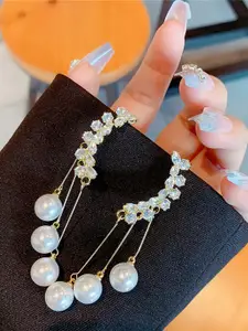 VAGHBHATT Korean Gold-Plated Artificial Stones Studded & Pearls Beaded Tasselled Ear Cuff