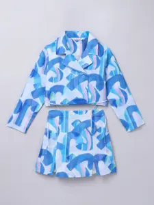 taffykids Girls Abstract Printed Notched lapel Collar Pure Cotton Wrap Crop Blazer & Skirt