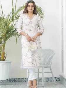 Sangria Abstract Printed V Neck Thread Work Linen Straight Kurta