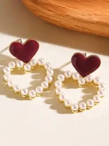 SUBHAGALANKAR Gold-Plated Pearls Studded Heart Shaped Drop Earrings