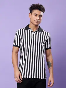 TQH Men Striped Polo Collar Monochrome Dri-FIT Pockets T-shirt