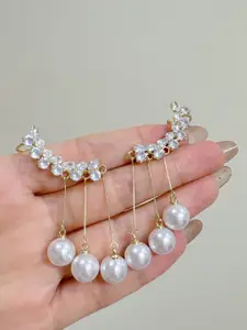 VAGHBHATT Korean Gold-Plated Artificial Stones Studded & Pearls Beaded Tasselled Ear Cuff