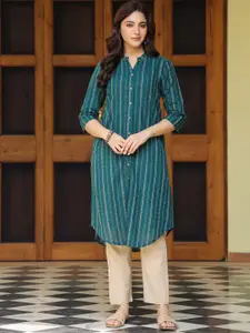 SAVI Striped Printed Mandarin Collar Straight Kurta