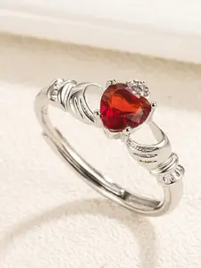 MYKI Silver-Plated Stainless Steel Cubic Zirconia-Studded Heart Shaped Finger Ring