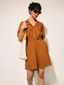 ONLY Women Shirt Collar Short Sleeves Linen Basic Jumpsuit